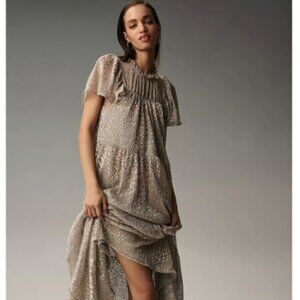 NWT By Anthropologie Shimmer Tiered Maxi Dress Puff Sleeve XS (Fits S/M)